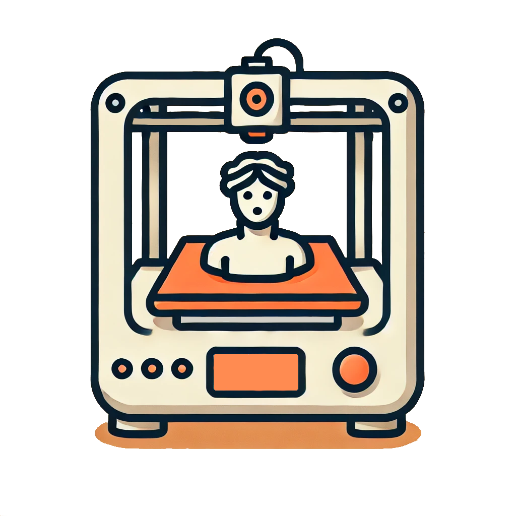 drawing of a 3d printer with a custom 3d printed bust on the build plate